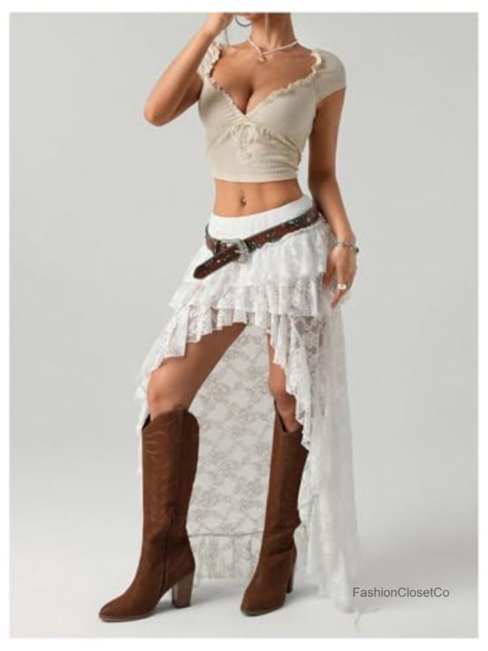 Lace Tiered Ruffle High Low Maxi Skirt Y2k Renaissance Boho Fairy - Picture 3 of 5